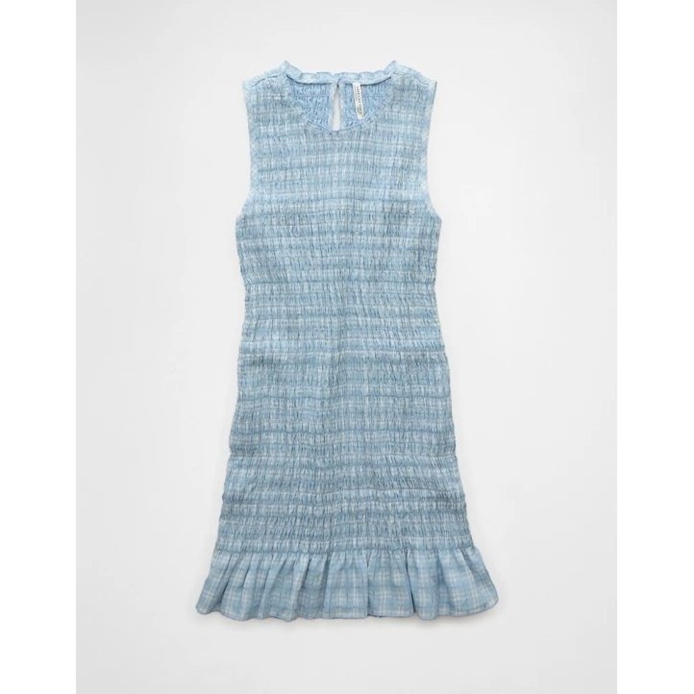 American Eagle Smocked Bodycon Mini Dress XL Blue Gingham Ruffle NWT Cottagecore